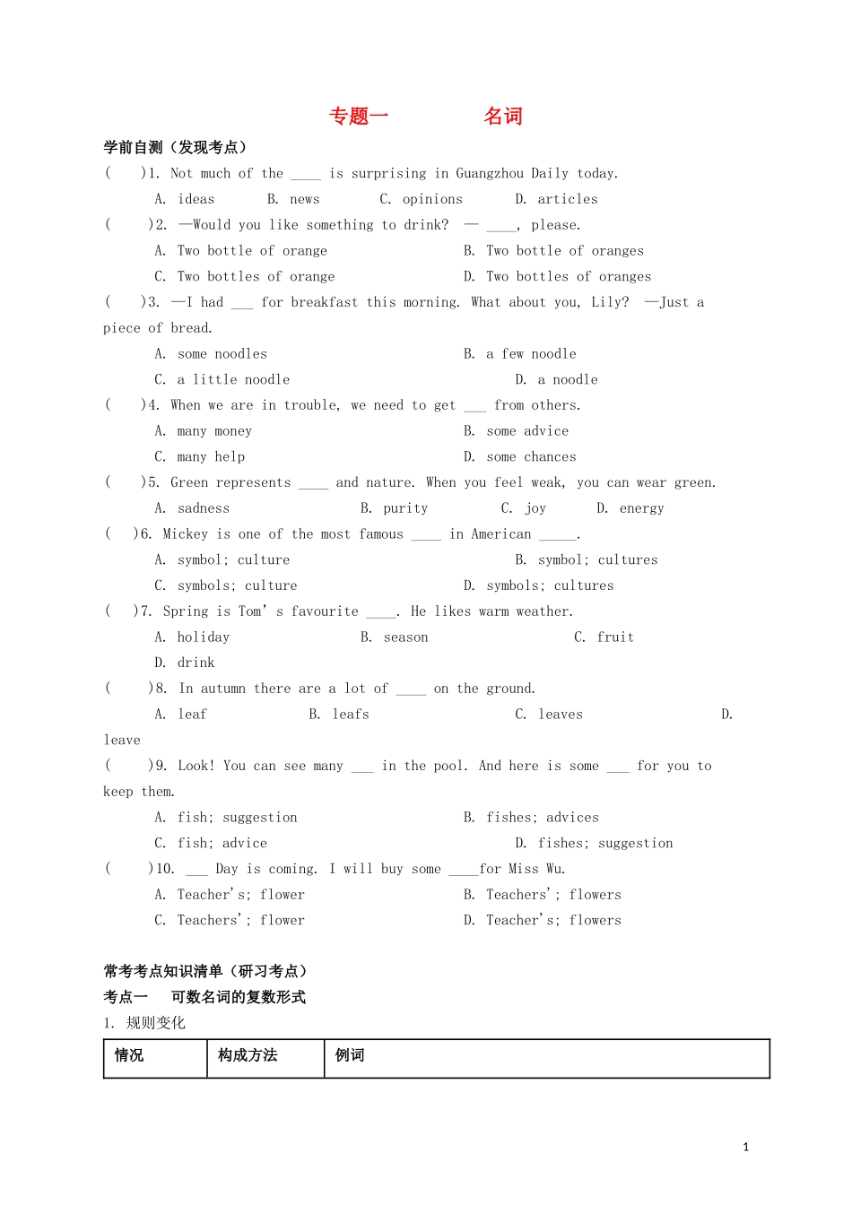 2023学年中考英语总复习基础语法专题一名词试题.docx_第1页