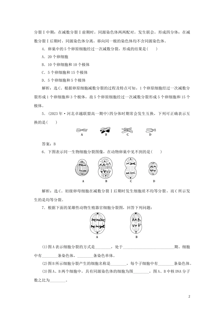 2023学年新教材高中生物第2章基因和染色体的关系第1节减数分裂和受精作用Ⅰ练习（人教版）必修第二册.doc_第2页