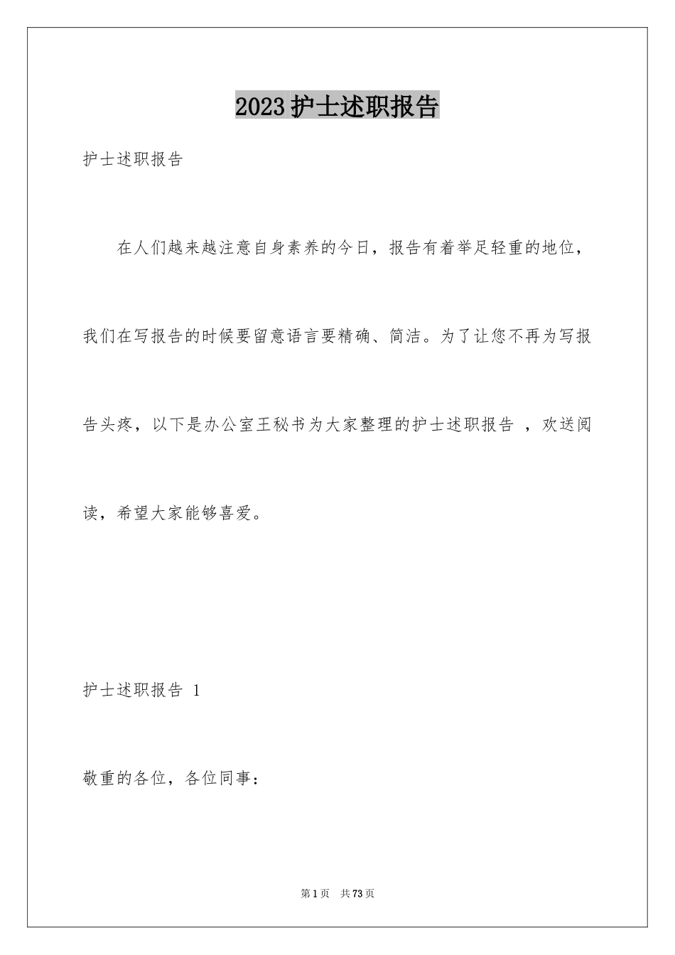 2023护士述职报告 范文.docx_第1页