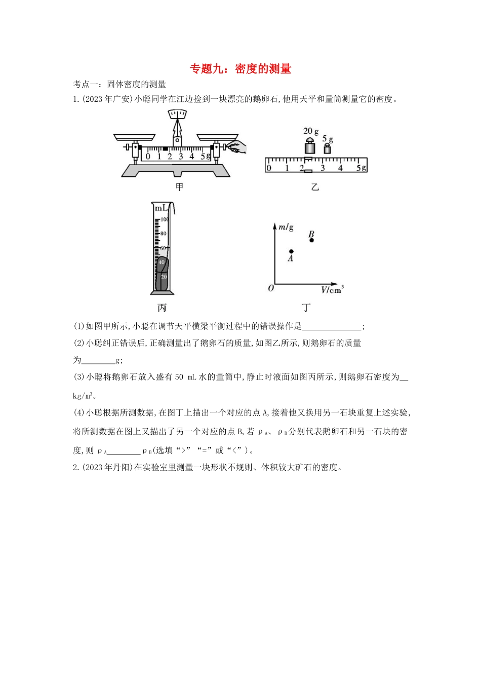 2023学年中考物理重点知识强化训练专题九密度的测量试题.doc_第1页