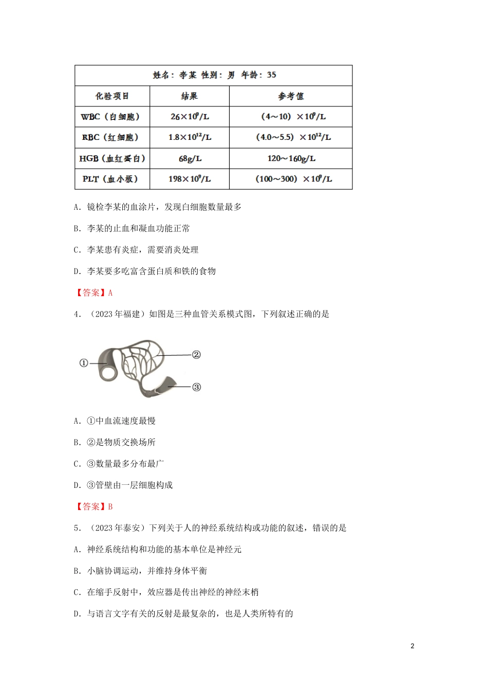 2023学年中考生物试题分类汇编生物圈中的人专题.doc_第2页