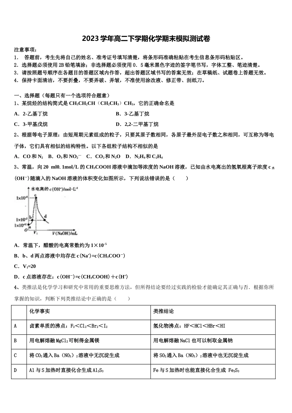 2023届湖南省长沙市湖南师大附中化学高二第二学期期末达标检测模拟试题（含解析）.doc_第1页