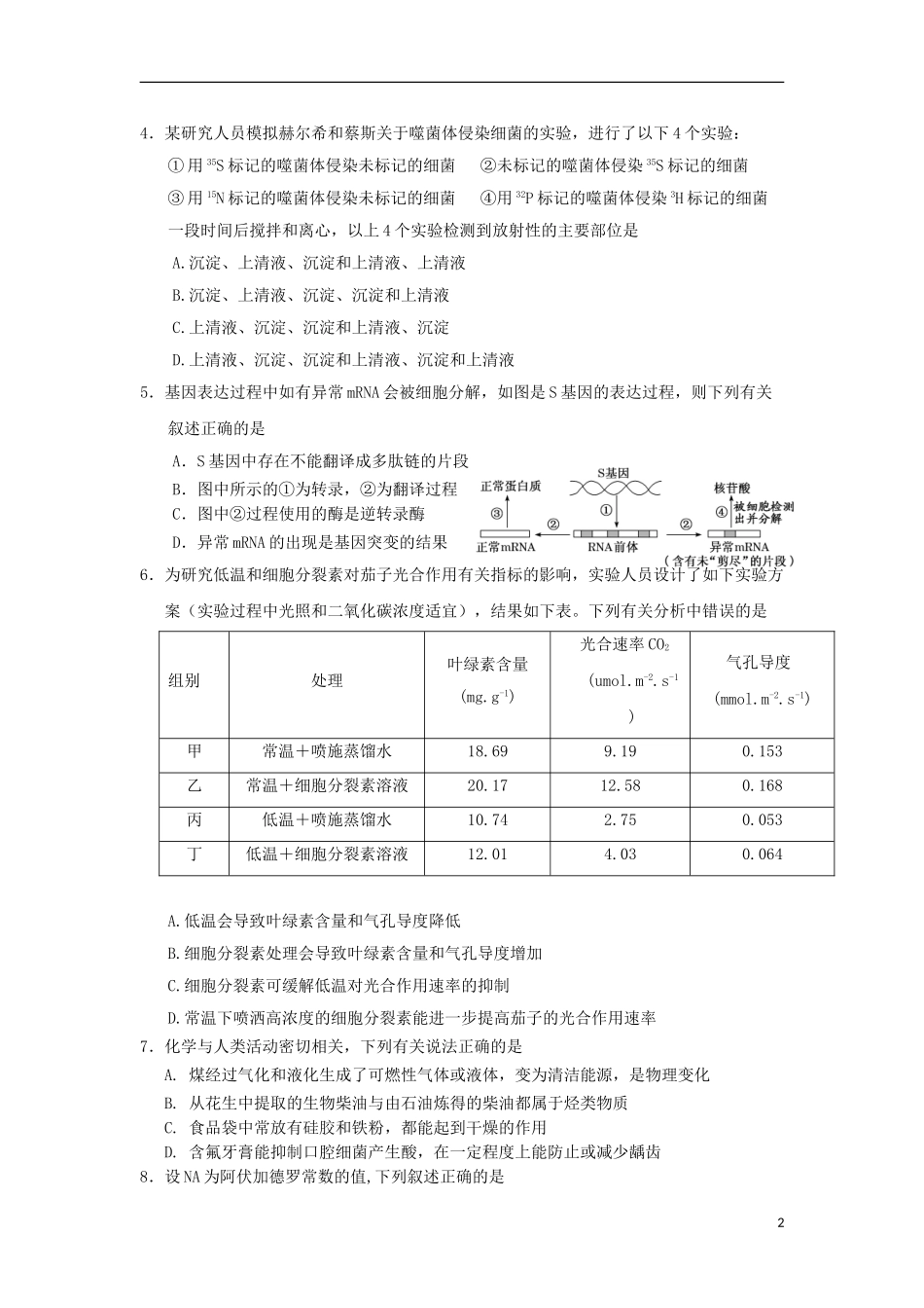 云南省曲靖市第二中学2023学年高三理综第一次模拟考试试题.doc_第2页