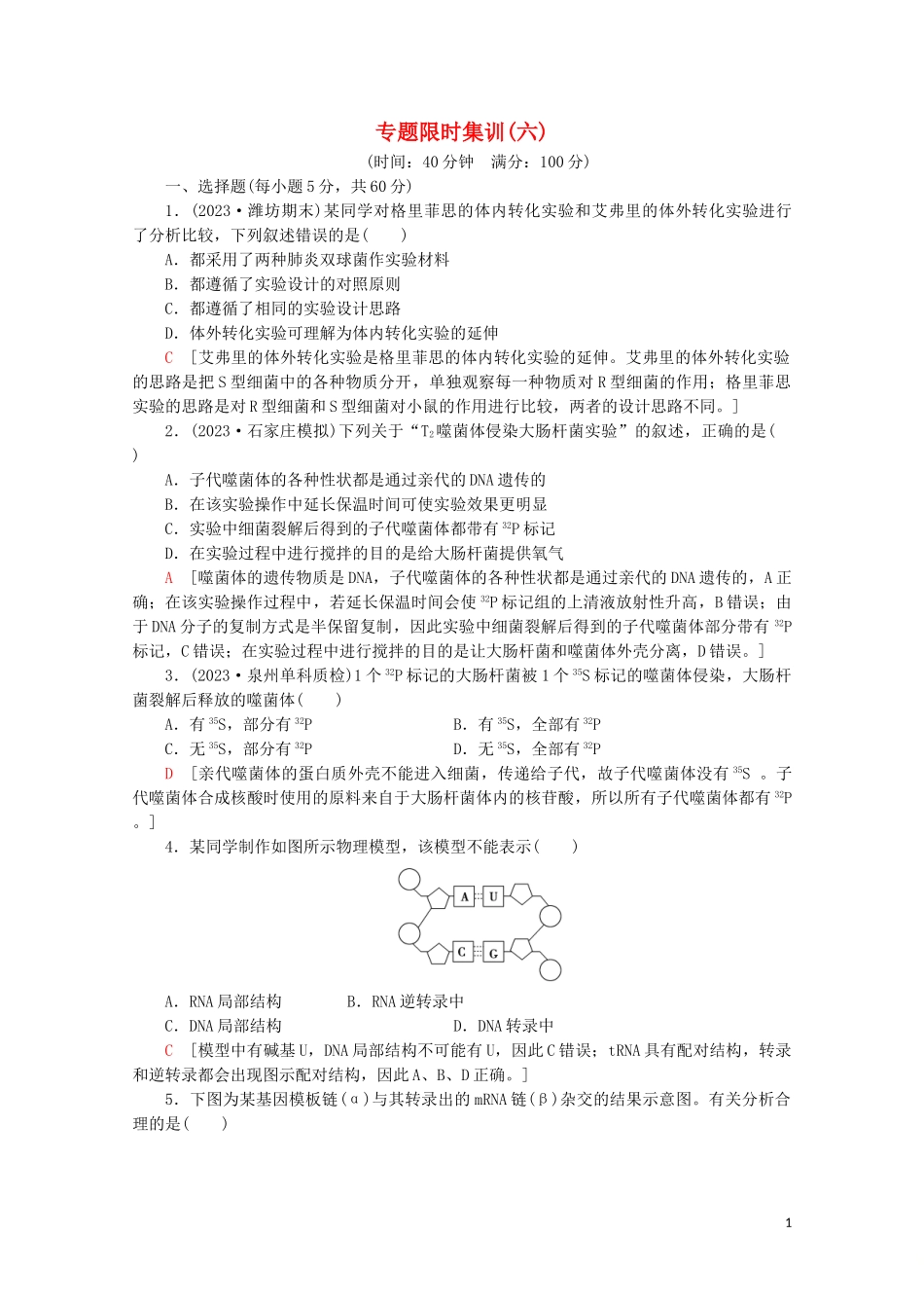 2023学年高考生物二轮复习专题限时集训6遗传的分子基础含解析.doc_第1页