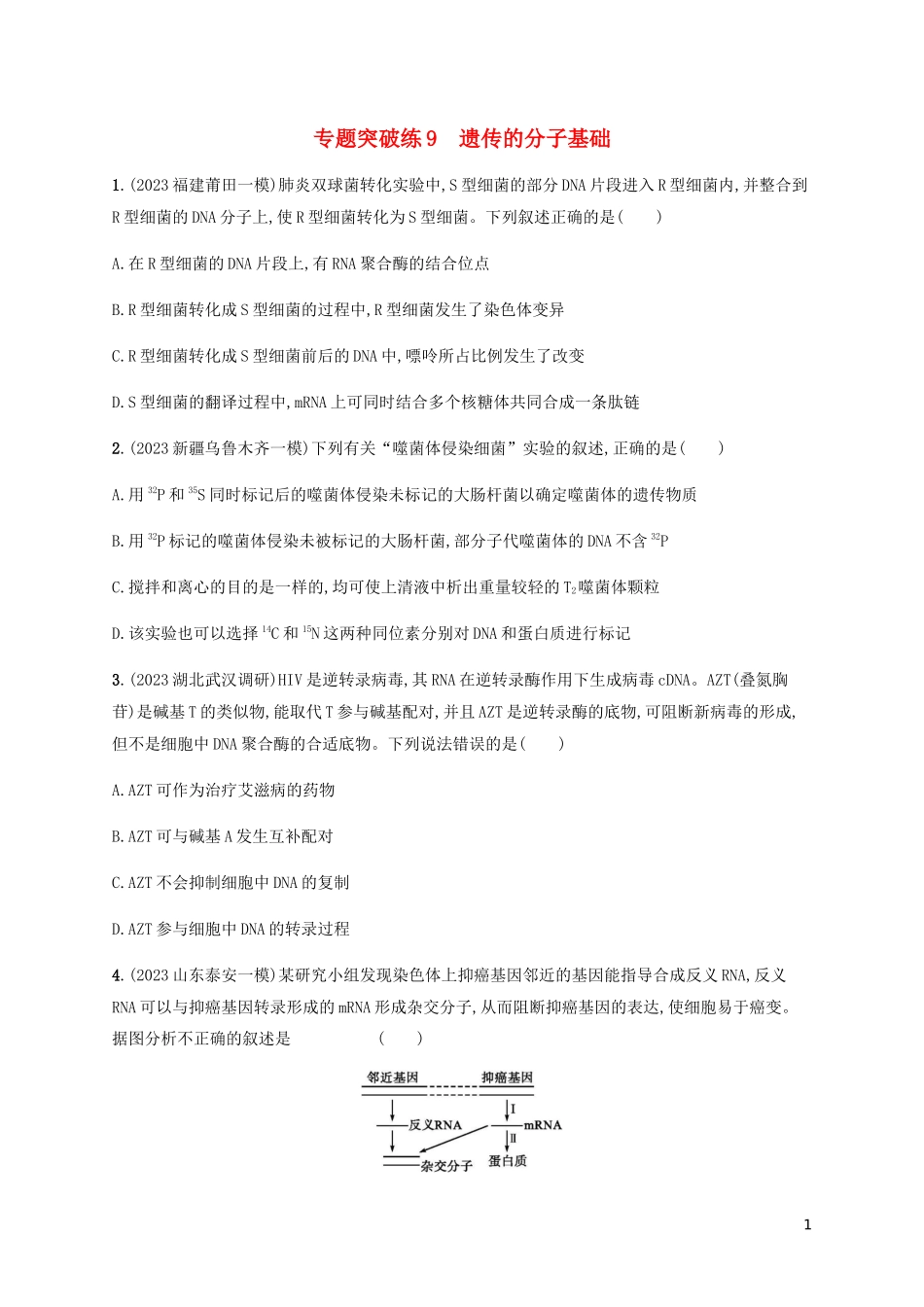 2023学年高考生物大二轮复习专题突破练9遗传的分子基础含解析.docx_第1页