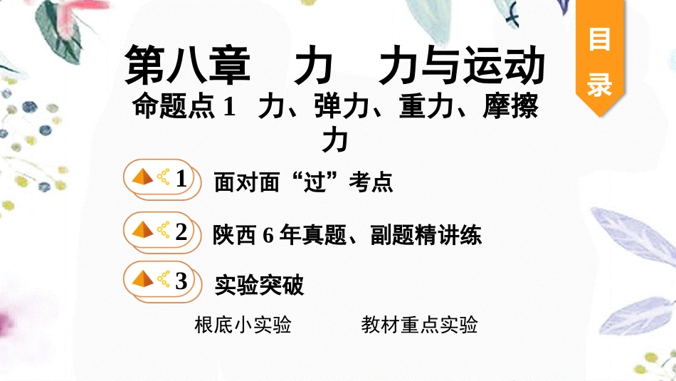 陕西省2023学年年中考物理一轮复习基醇点一遍过第八章力第九章力与运动命题点1力弹力重力摩擦力课件2.pptx_第1页