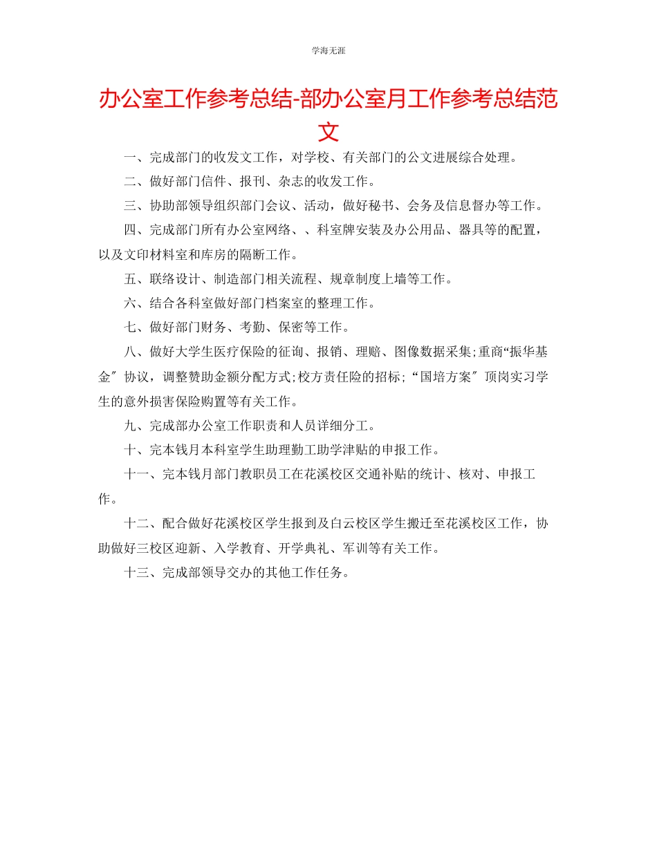 2023年办公室工作总结部办公室月工作总结范文.docx_第1页