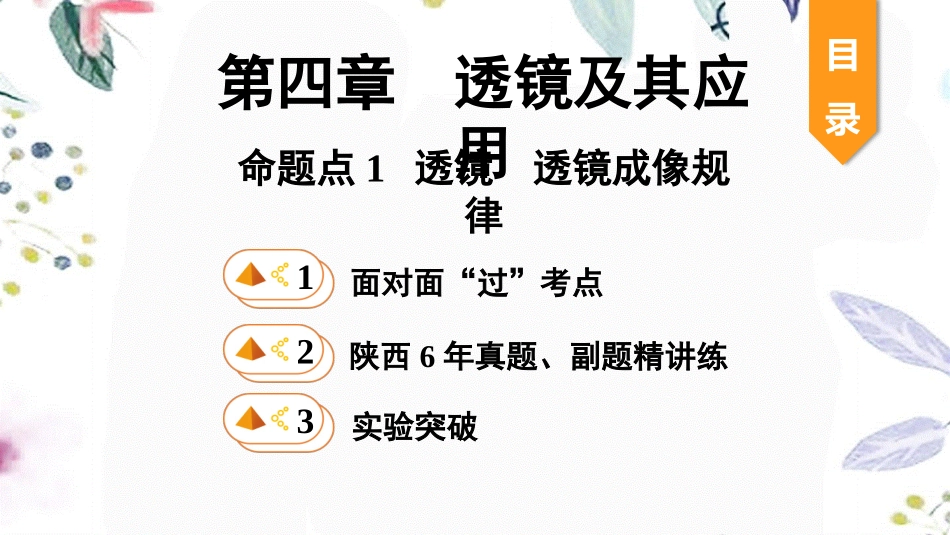 陕西省2023学年年中考物理一轮复习基醇点一遍过第四章光的折射透镜命题点1透镜透镜成像规律课件22.pptx_第1页
