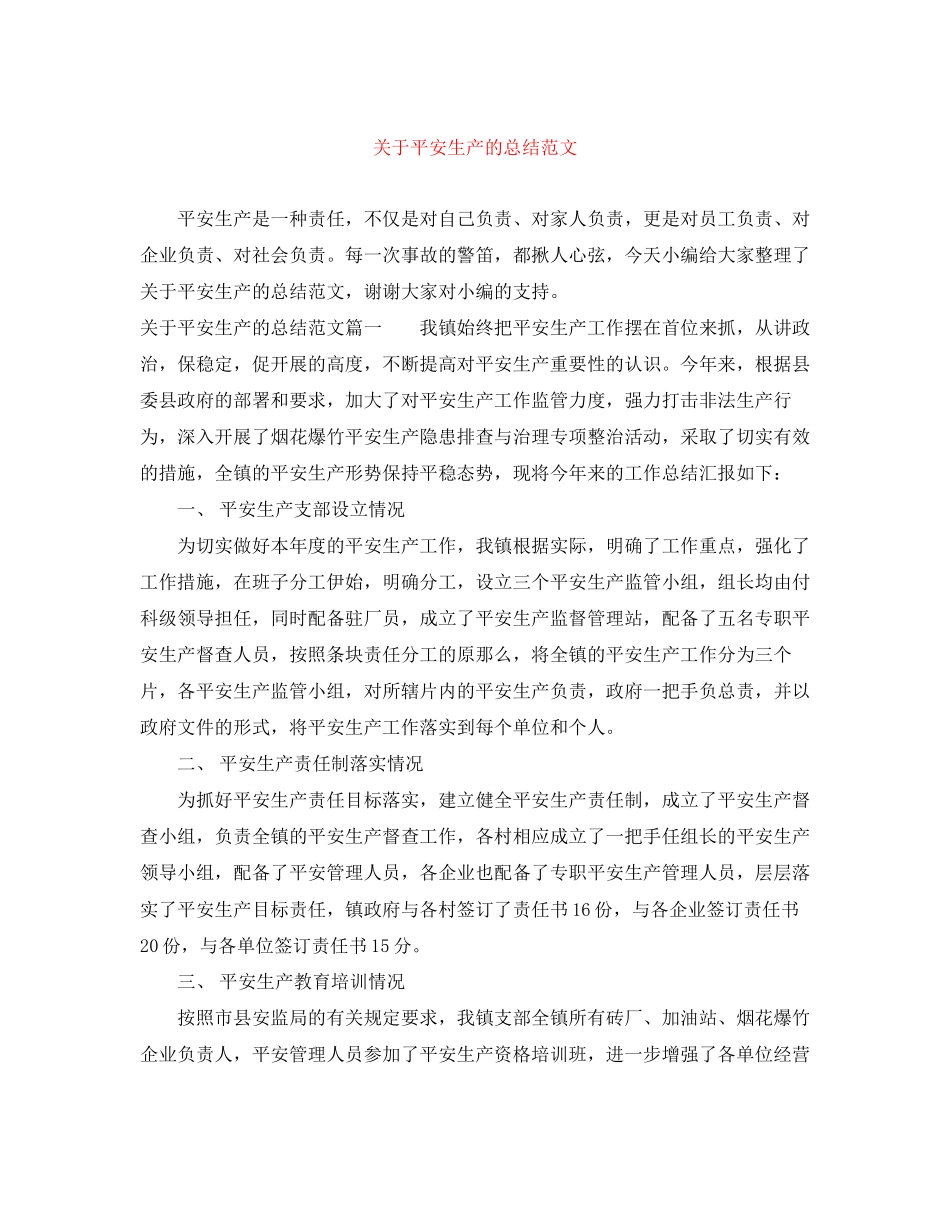 2023年安全生产的总结2范文.docx_第1页