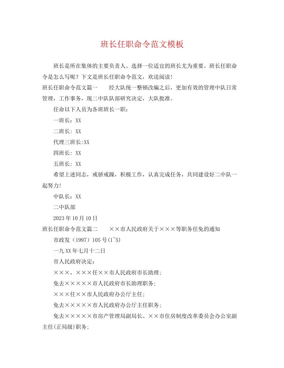 2023年班长任职命令范文模板.docx_第1页