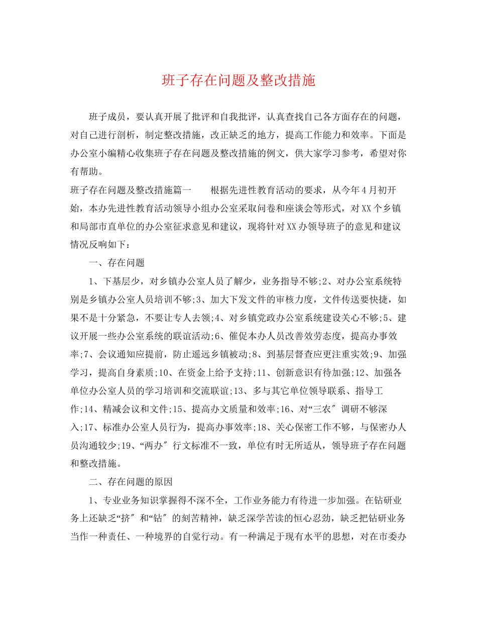 2023年班子存在问题及整改措施.docx_第1页