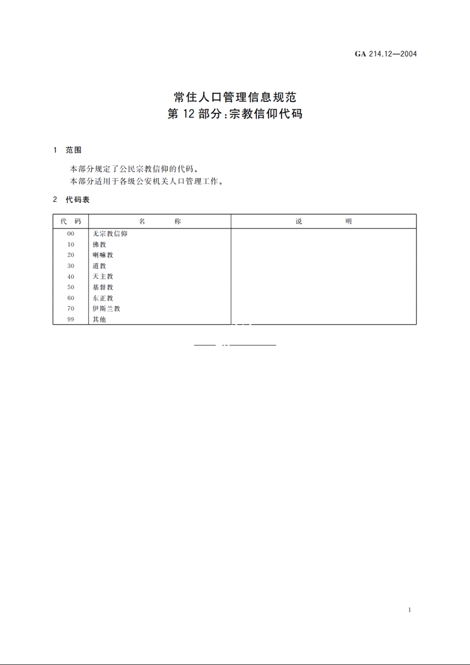 常住人口管理信息规范　第12部分：宗教信仰代码 GA 214.12-2004.pdf_第3页