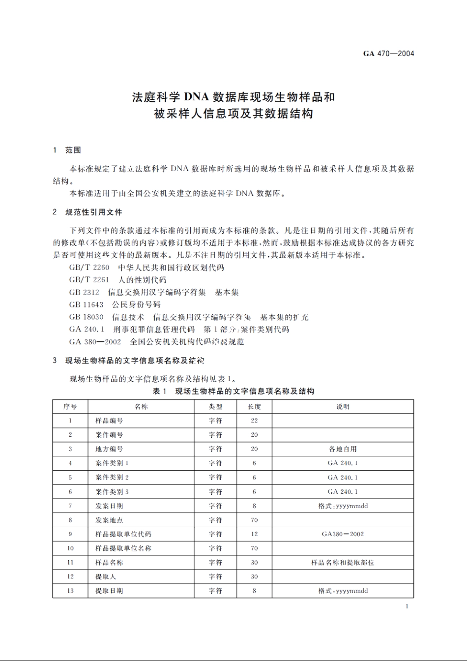 法庭科学DNA数据库现场生物样品和被采样人信息项及其数据结构 GA 470-2004.pdf_第3页