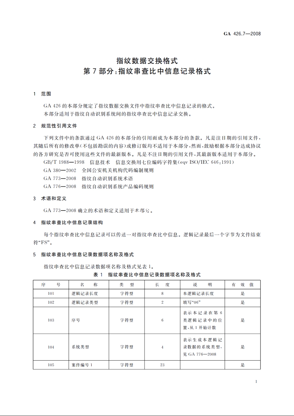 指纹数据交换格式　第7部分：指纹串查比中信息记录格式 GA 426.7-2008.pdf_第3页