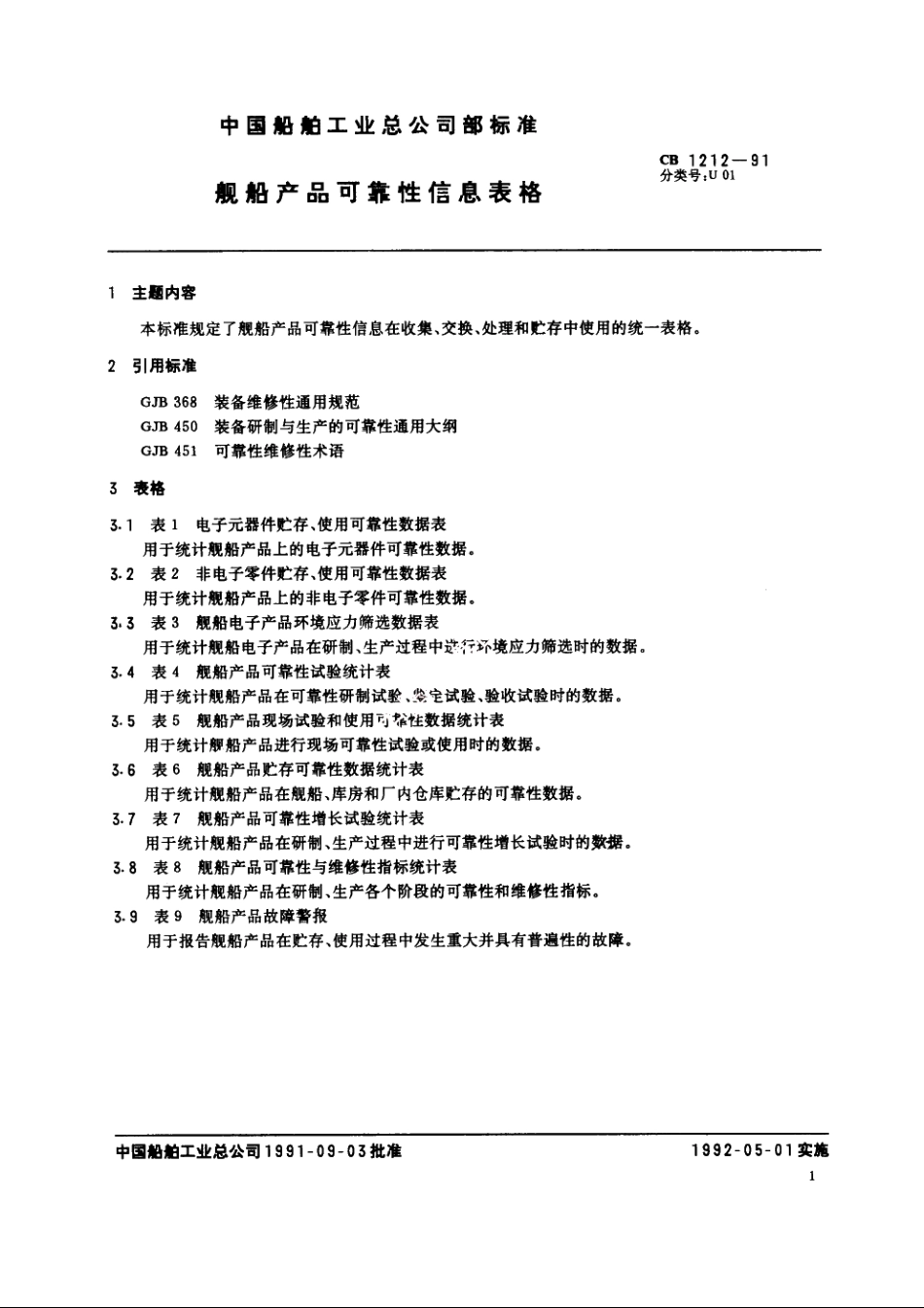舰船产品可靠性信息表格 CB 1212-1991.pdf_第2页