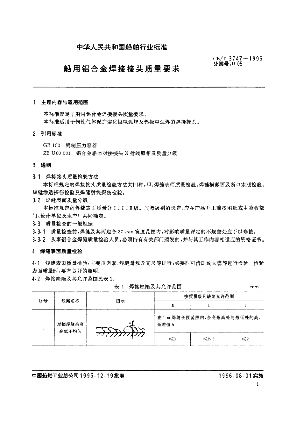 船用铝合金焊接接头质量要求 CBT 3747-1995.pdf_第2页