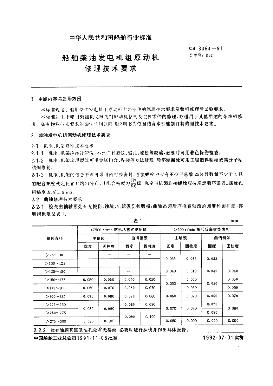 船舶柴油发电机组原动机修理技术条件 CB 3364-1991.pdf_第3页
