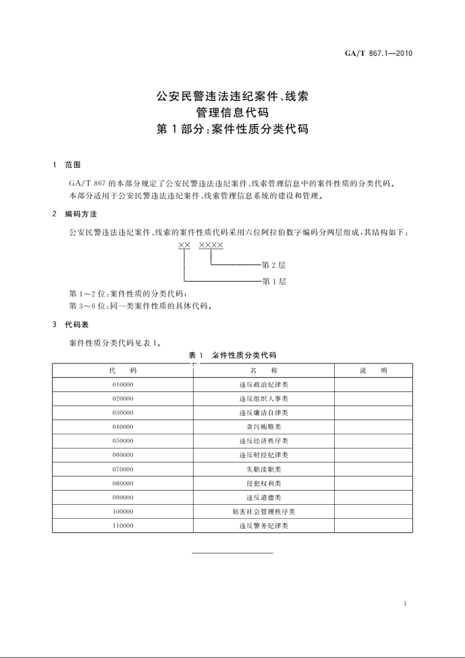 公安民警违法违纪案件、线索管理信息代码　第1部分：案件性质分类代码 GAT 867.1-2010.pdf_第3页