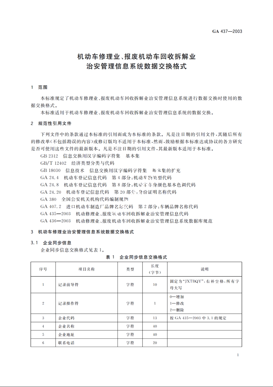 机动车修理业、报废机动车回收拆解业治安管理信息系统数据交换格式 GA 437-2003.pdf_第3页