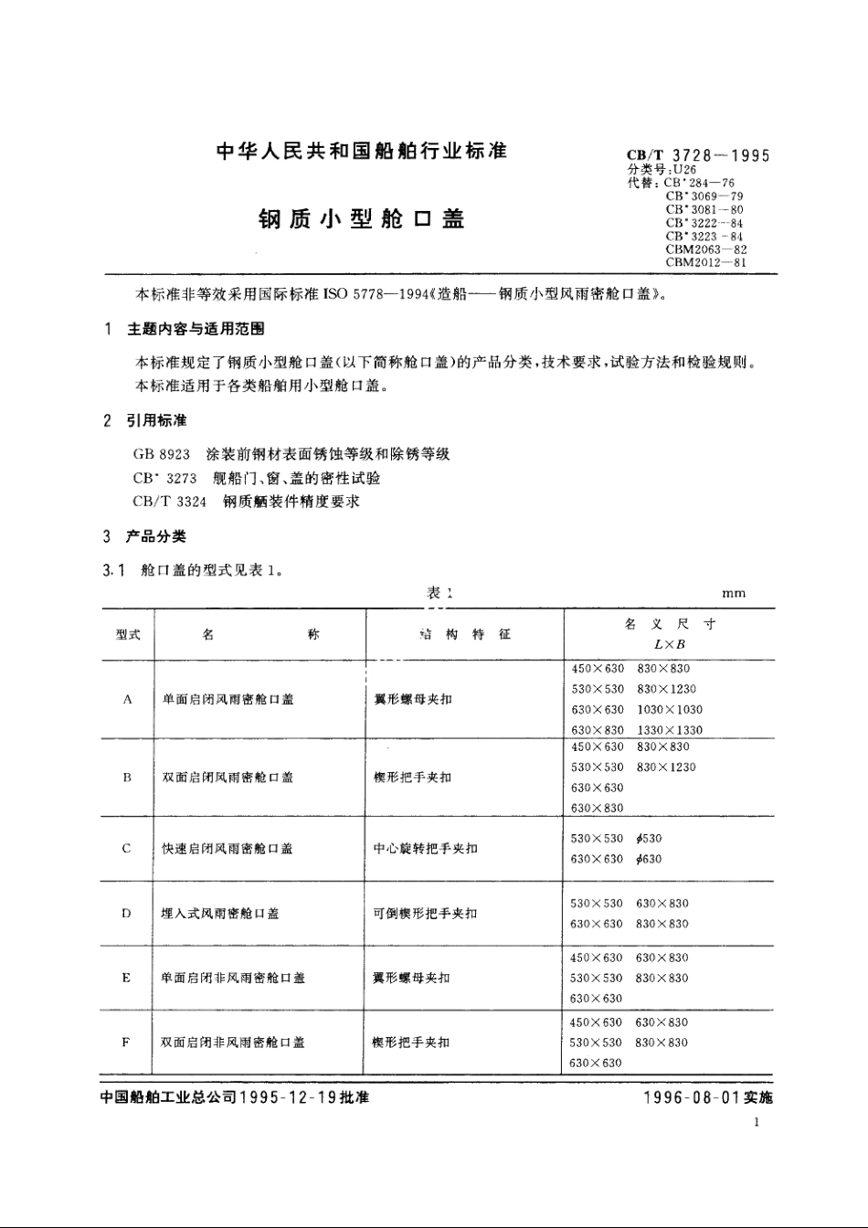 钢质小型舱口盖 CBT 3728-1995.pdf_第2页