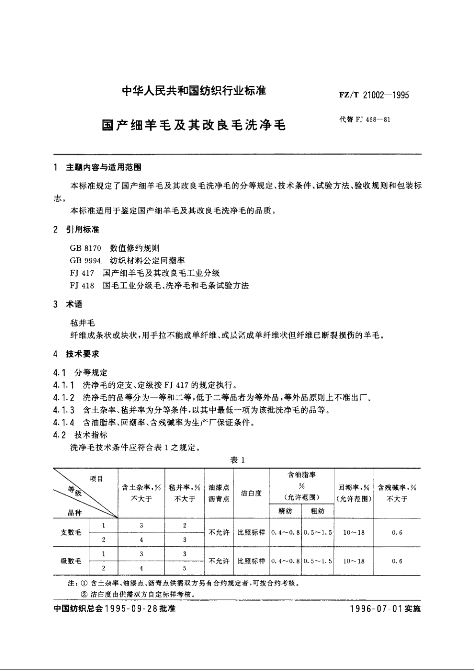 国产细羊毛及其改良毛洗净毛 FZT 21002-1995.pdf_第3页