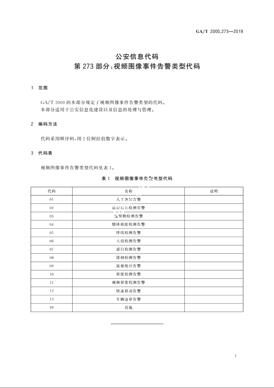 公安信息代码　第273部分：视频图像事件告警类型代码 GAT 2000.273-2019.pdf_第3页