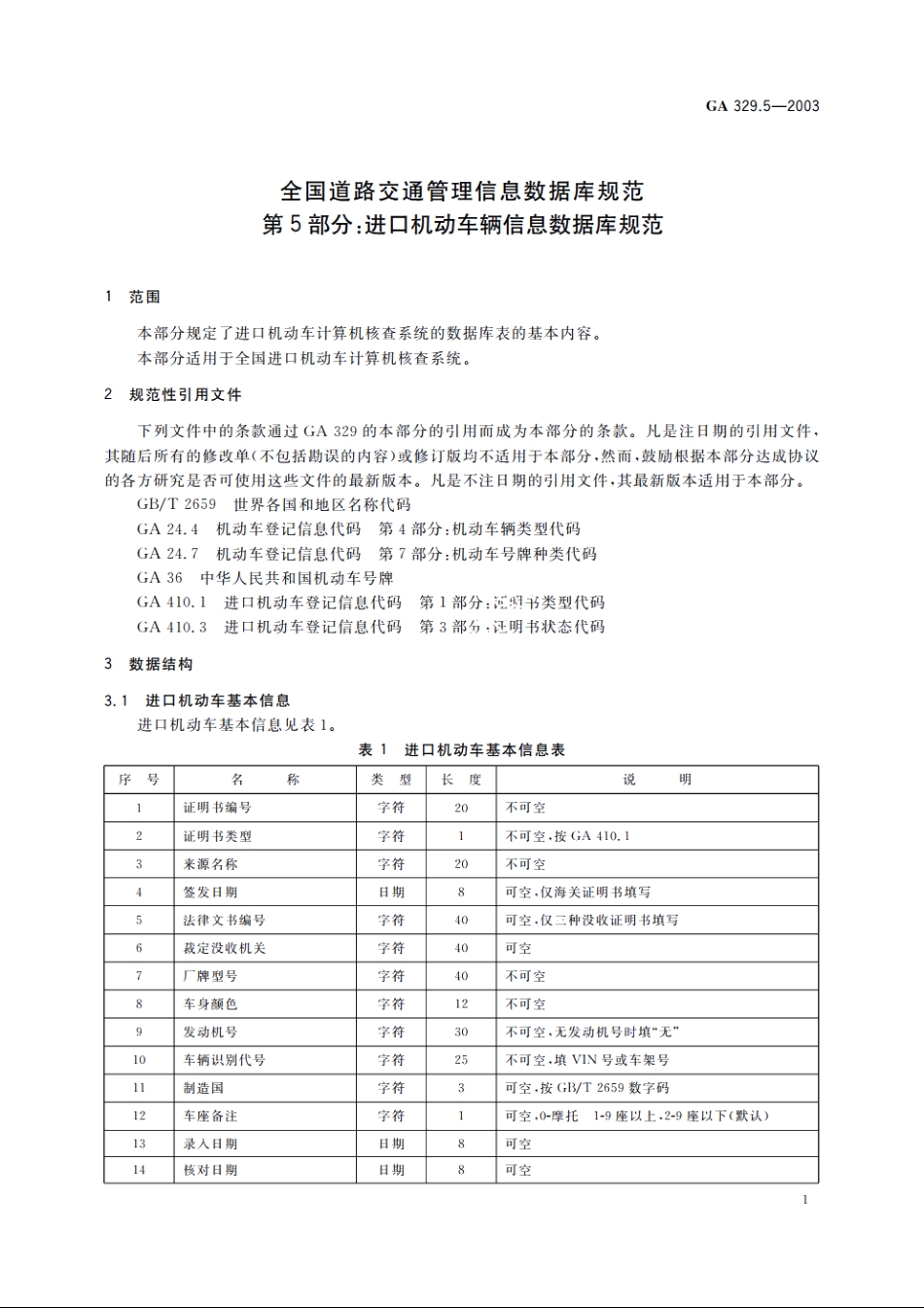 全国道路交通管理信息数据库规范　第5部分：进口机动车辆信息数据库规范 GA 329.5-2003.pdf_第3页