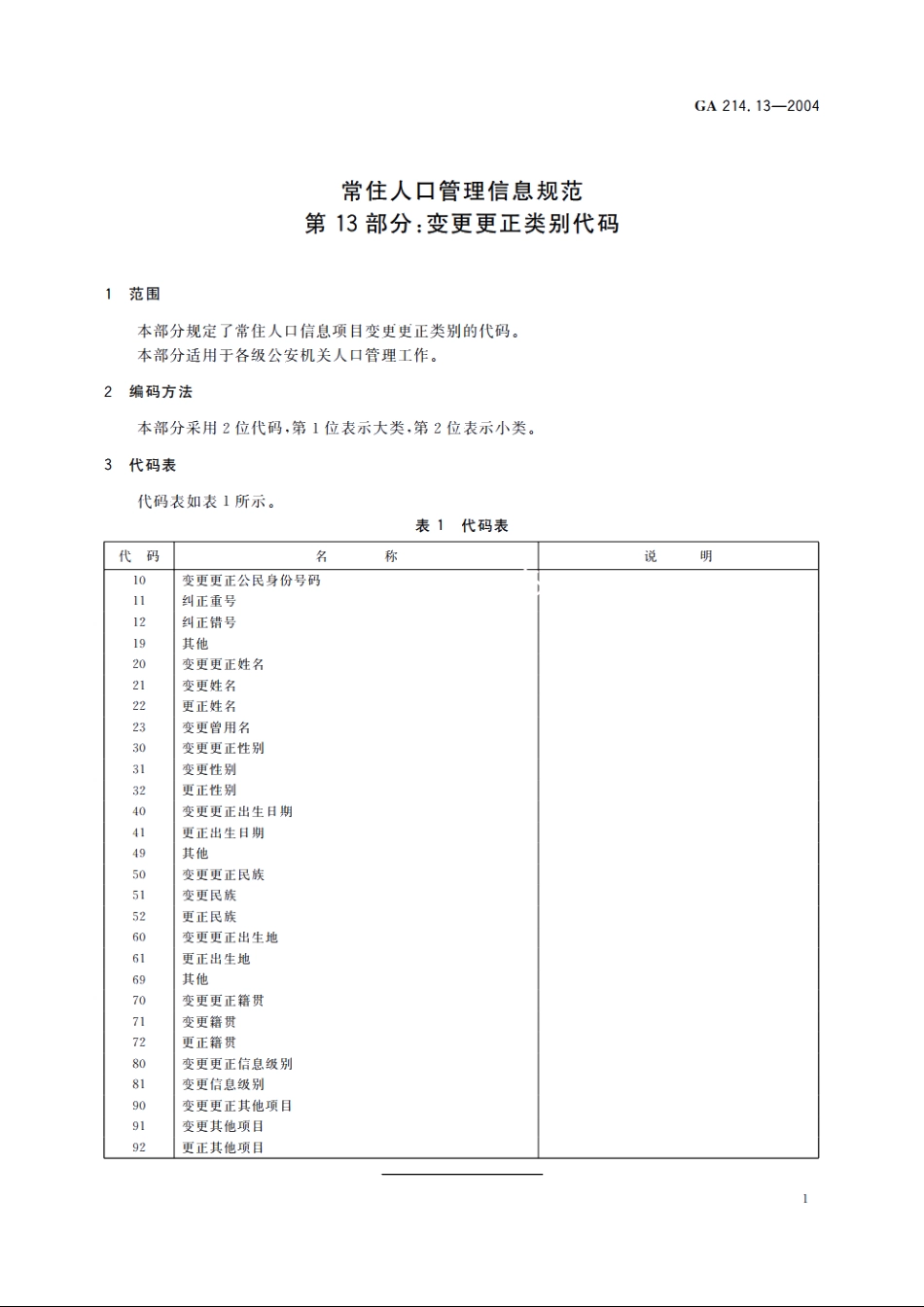 常住人口管理信息规范　第13部分：变更更正类别代码 GA 214.13-2004.pdf_第3页