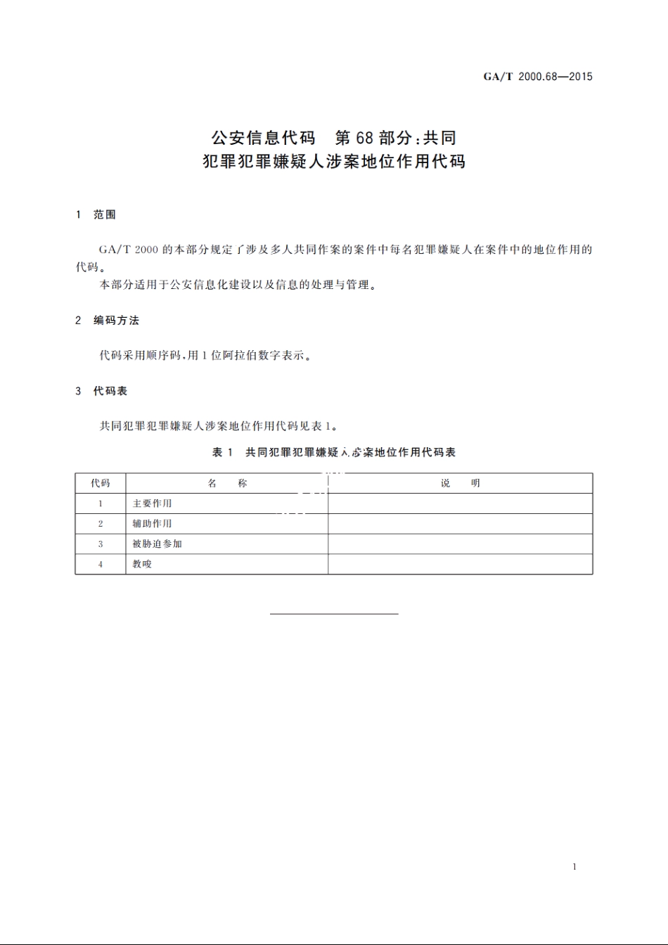 公安信息代码　第68部分：共同犯罪犯罪嫌疑人涉案地位作用代码 GAT 2000.68-2015.pdf_第3页