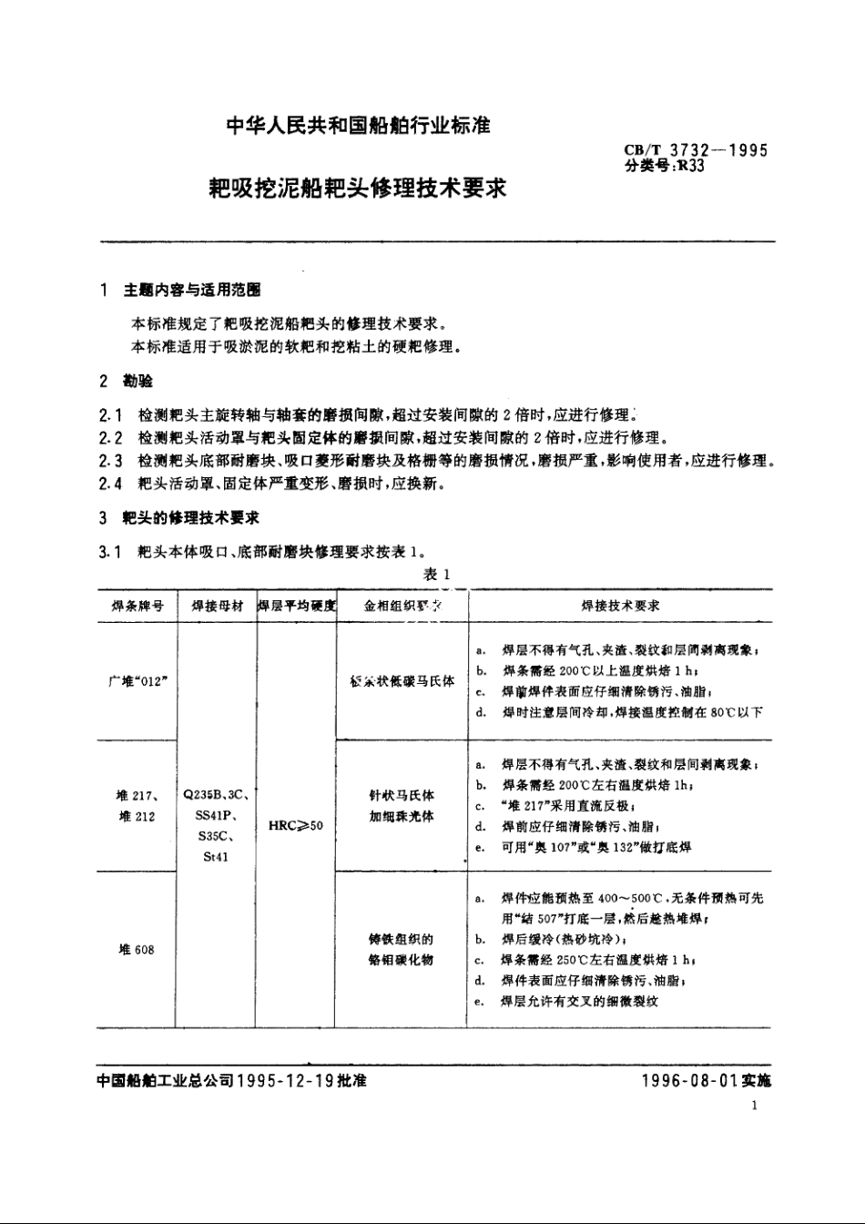 耙吸挖泥船耙头修理技术要求 CBT 3732-1995.pdf_第2页
