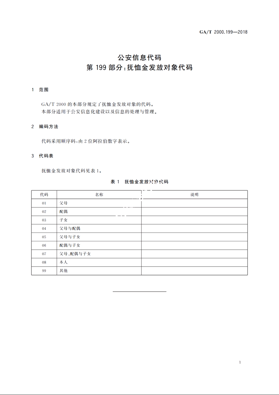 公安信息代码　第199部分：抚恤金发放对象代码 GAT 2000.199-2018.pdf_第3页
