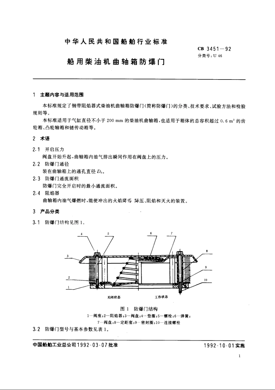 船用柴油机曲轴箱防爆门 CB 3451-1992.pdf_第2页