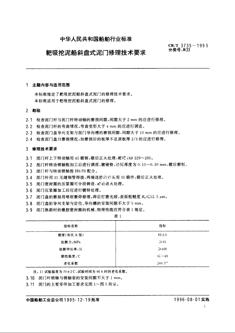 耙吸挖泥船斜盘式泥门修理技术要求 CBT 3735-1995.pdf_第2页