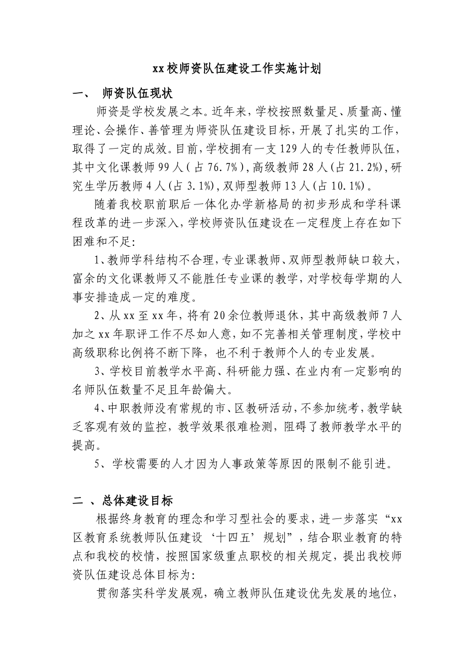 职业学校师资队伍教师建设工作实施计划方案.doc_第1页