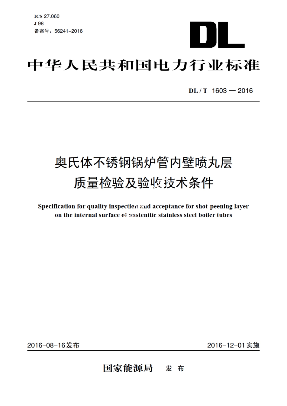 奥氏体不锈钢锅炉管内壁喷丸层质量检验及验收技术条件 DLT 1603-2016.pdf_第1页