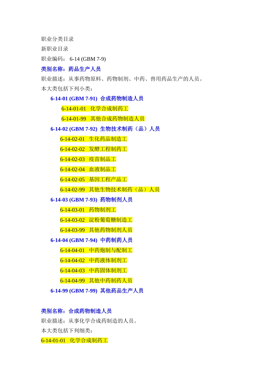 药品生产人员职业分类与主要工作.doc_第1页