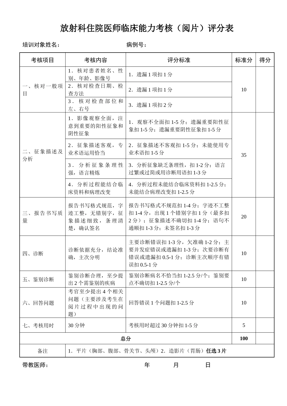 放射科住院医师阅片评分表.docx_第1页