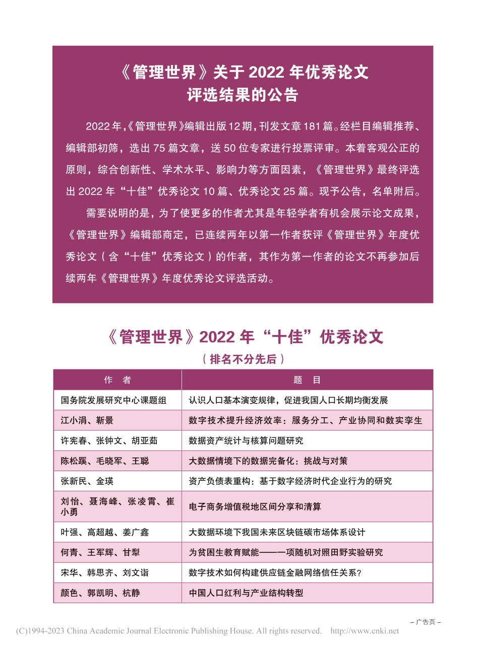 《管理世界》关于2022年优秀论文评选结果的公告.pdf_第1页
