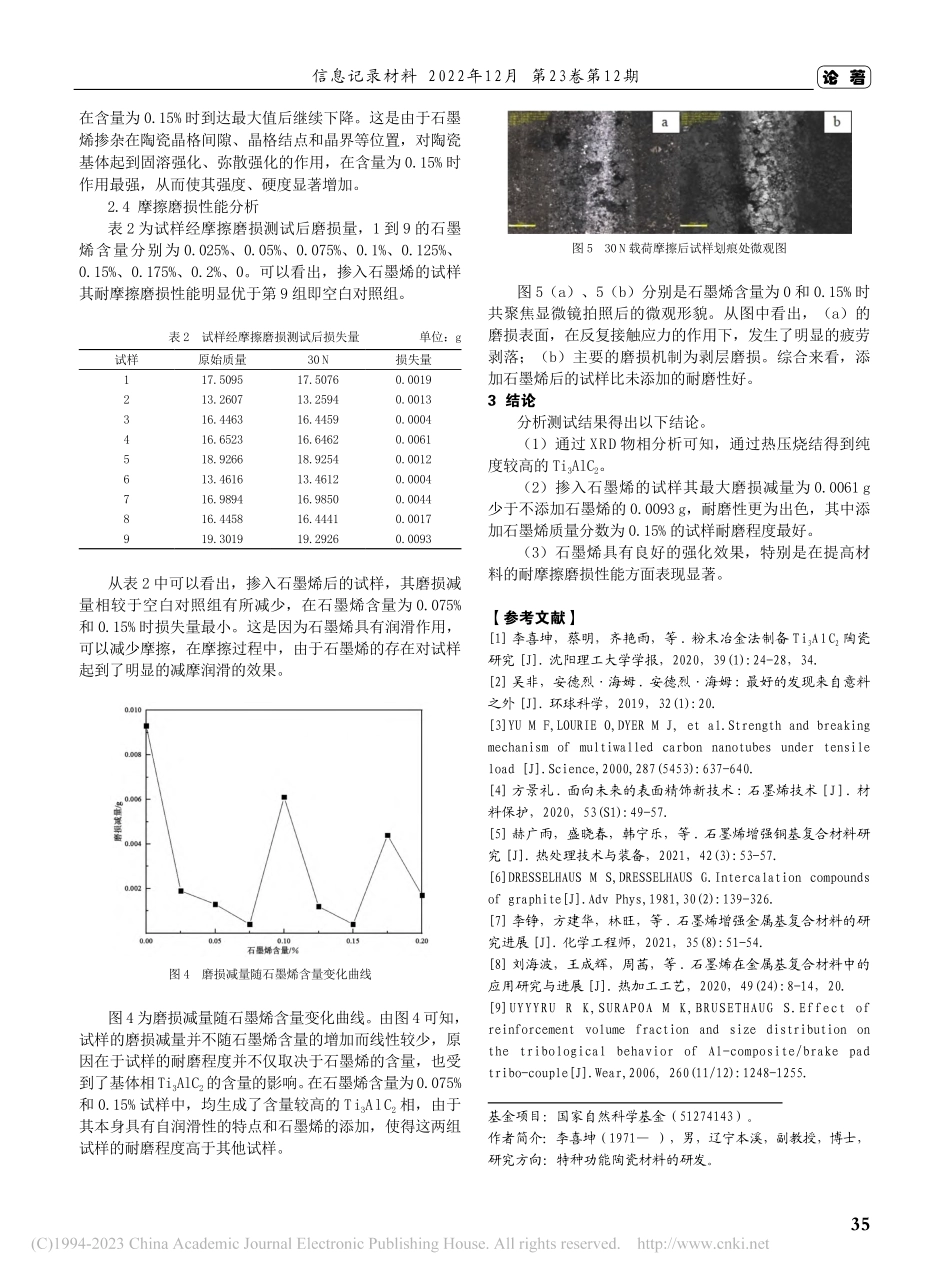Ti_3AlC_2_石墨烯复合陶瓷摩擦磨损性能的研究_李喜坤.pdf_第3页
