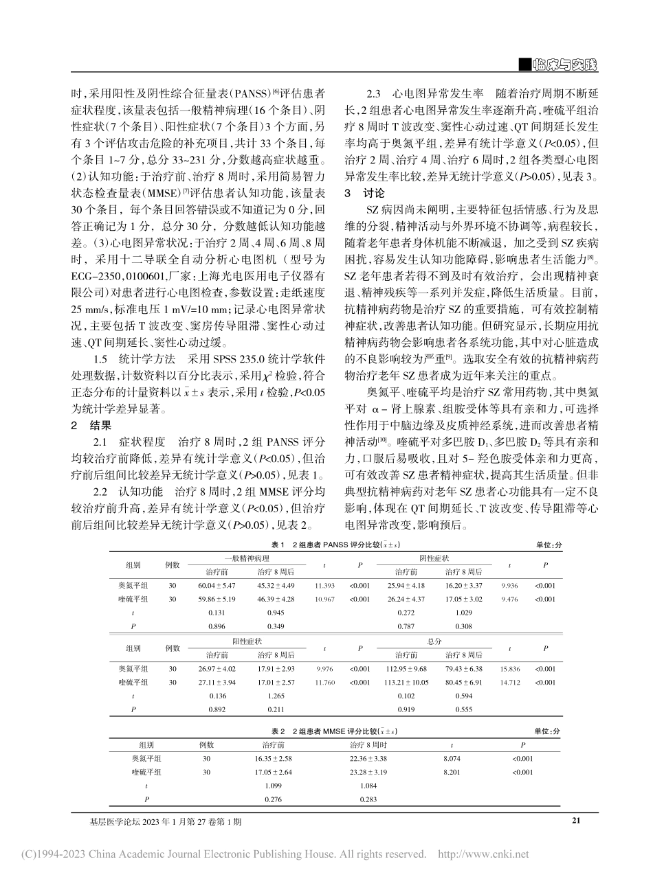 奥氮平与喹硫平对老年精神分...症患者心电图影响的对照研究_付志强.pdf_第2页