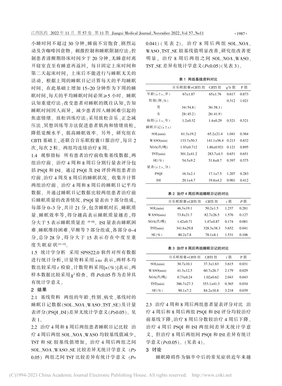 百乐眠胶囊协同认知行为疗法...脑卒中后睡眠障碍的疗效评价_梅竹君.pdf_第2页