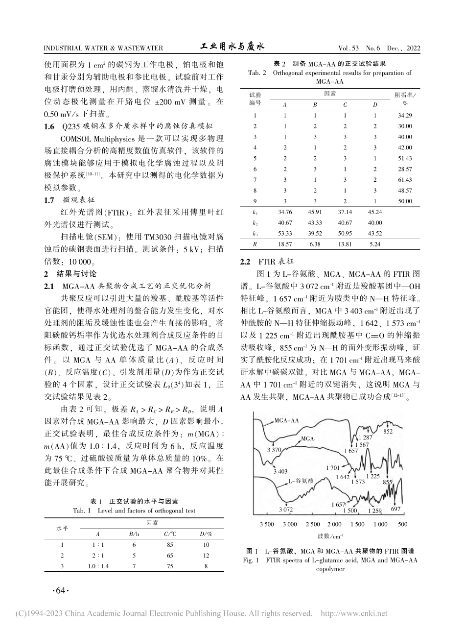 MGA-AA共聚物对多晶硅...多介质水的阻垢缓蚀性能研究_张启迪.pdf_第3页