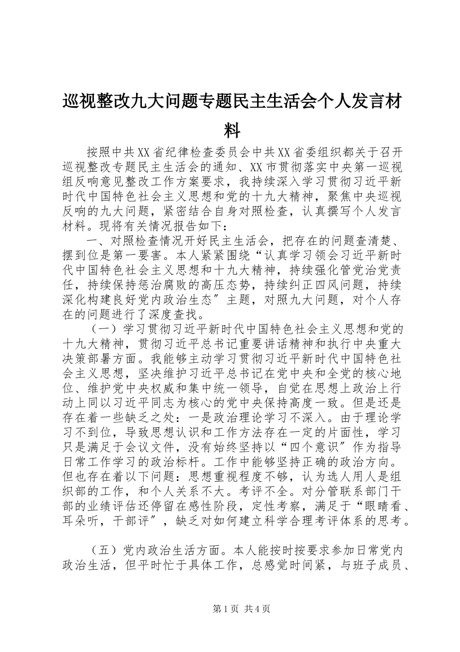 2023年巡视整改九大问题专题民主生活会个人讲话材料.docx_第1页