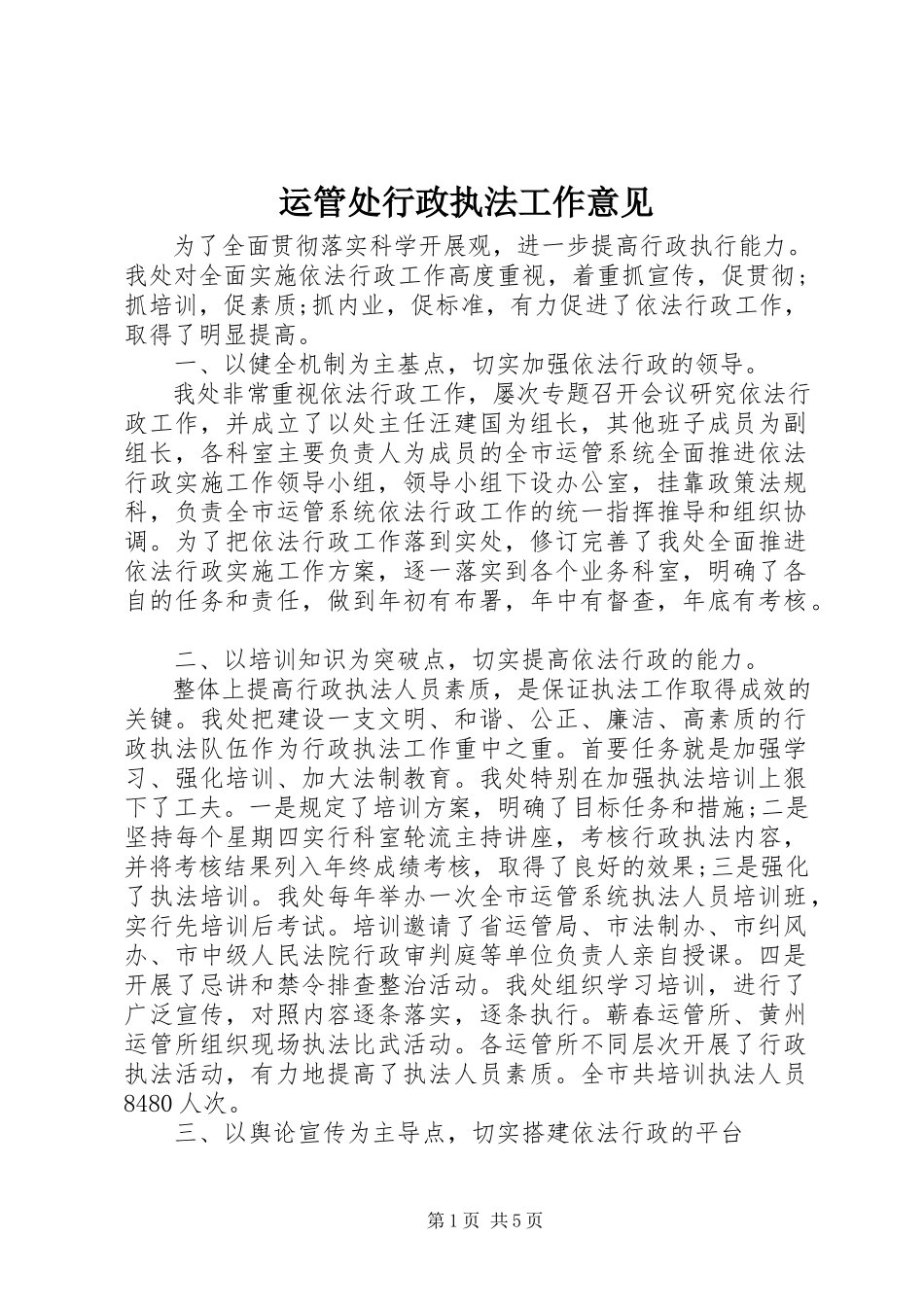 2023年运管处行政执法工作意见.docx_第1页