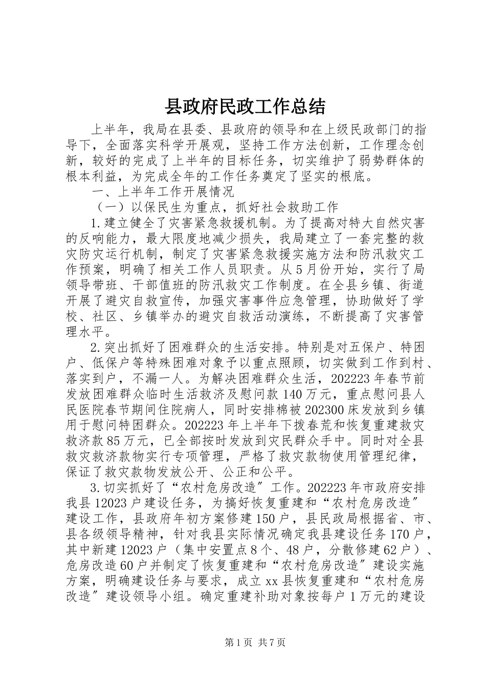 2023年县政府民政工作总结.docx_第1页