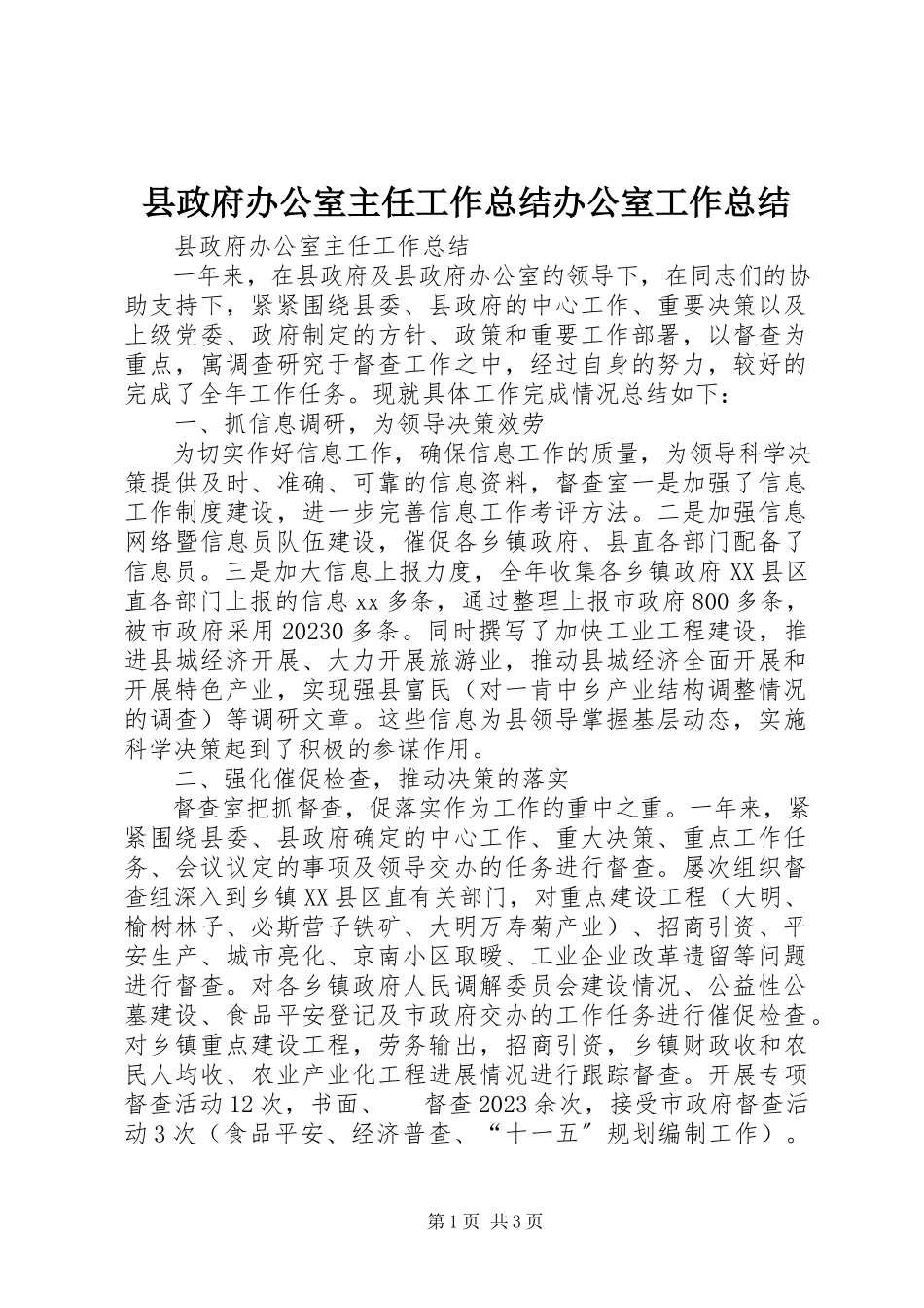2023年县政府办公室主任工作总结办公室工作总结.docx_第1页