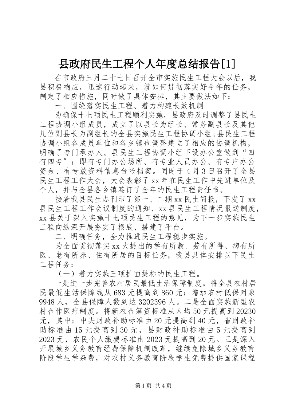 2023年县政府民生工程个人年度总结报告1.docx_第1页