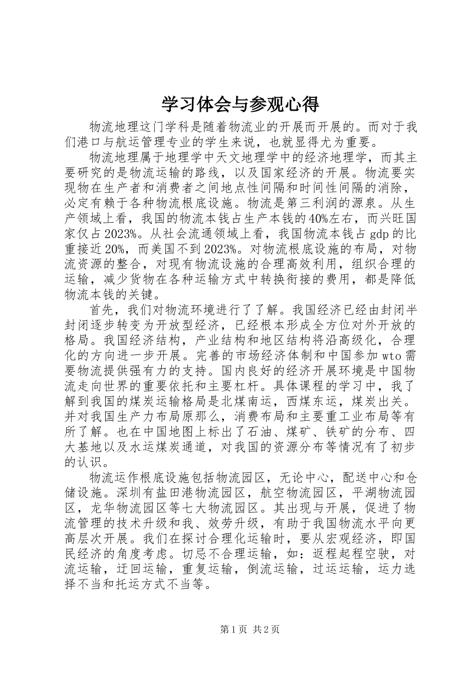 2023年学习体会与参观心得.docx_第1页