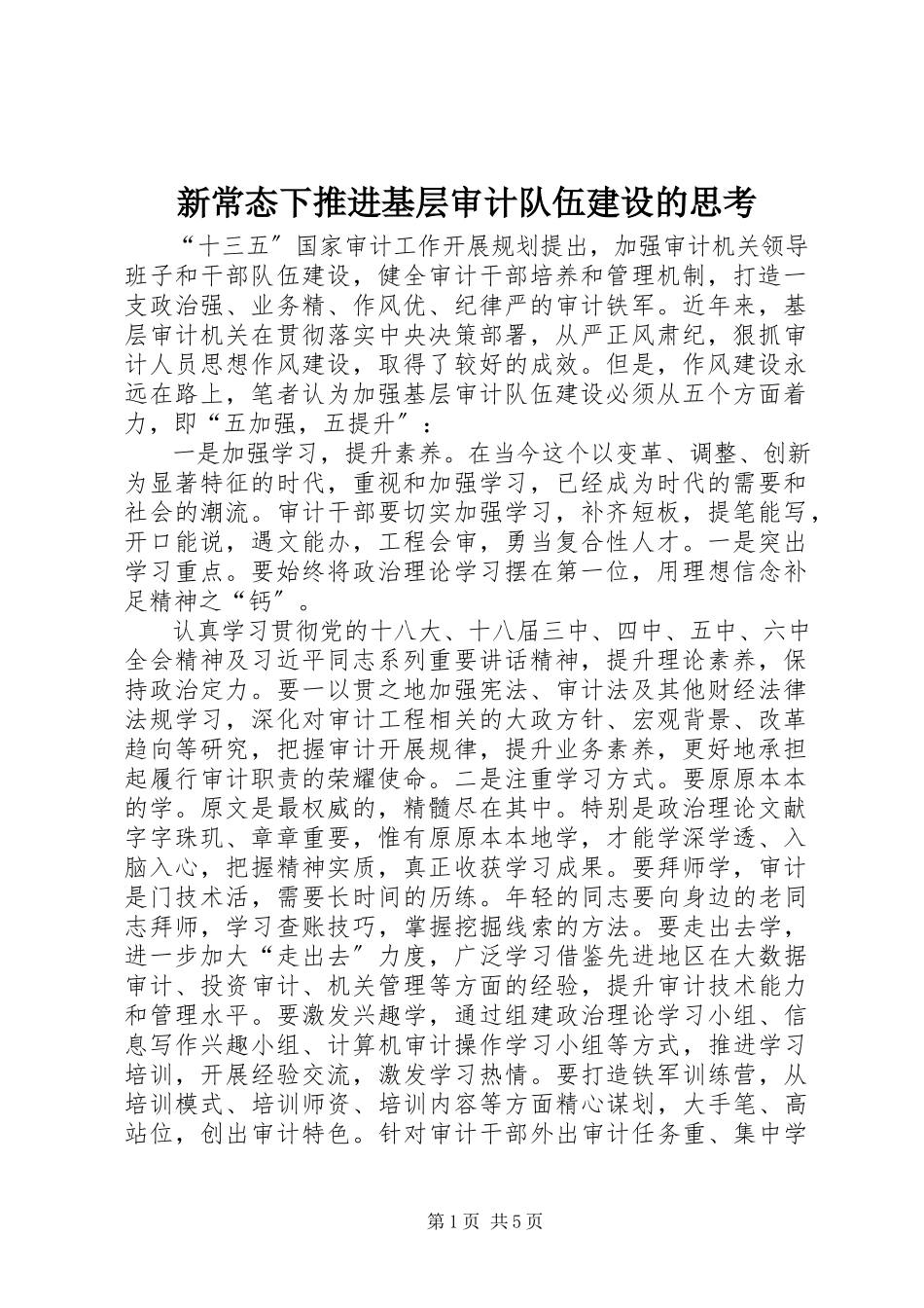 2023年新常态下推进基层审计队伍建设的思考.docx_第1页