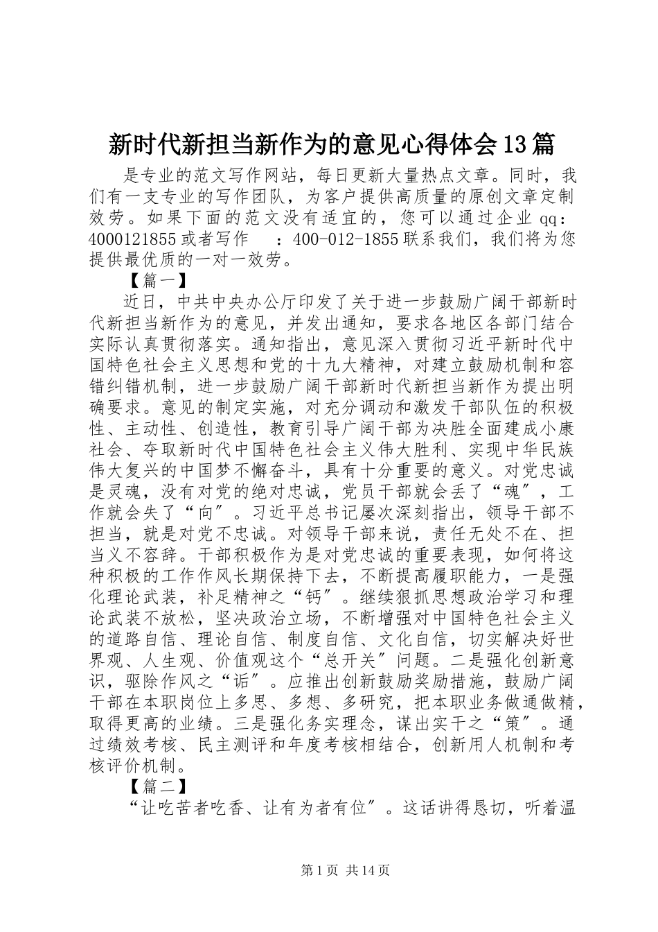 2023年新时代新担当新作为的意见心得体会13篇.docx_第1页
